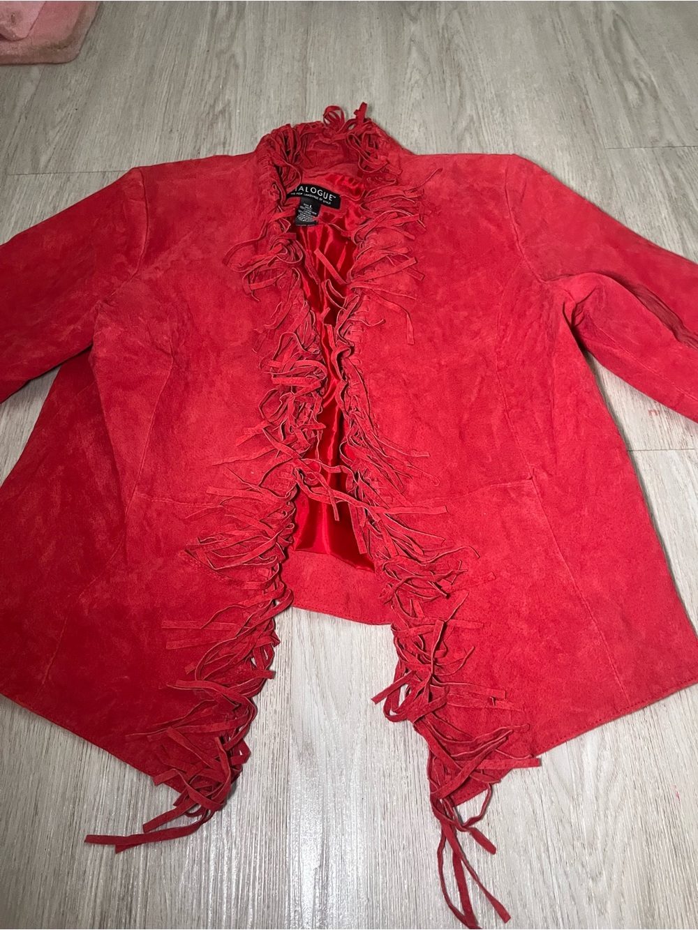 Dialogue Red Suede Leather Fringe Open-Front Jacket Large